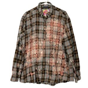 Handmade Floral Flannel Shirt Mens Size 2XL Unisex 2X Bleached Plaid Button Down